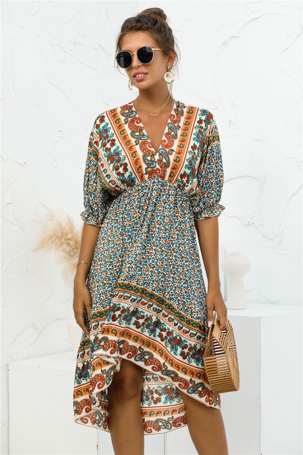 Robe bohème imprimée à col en V