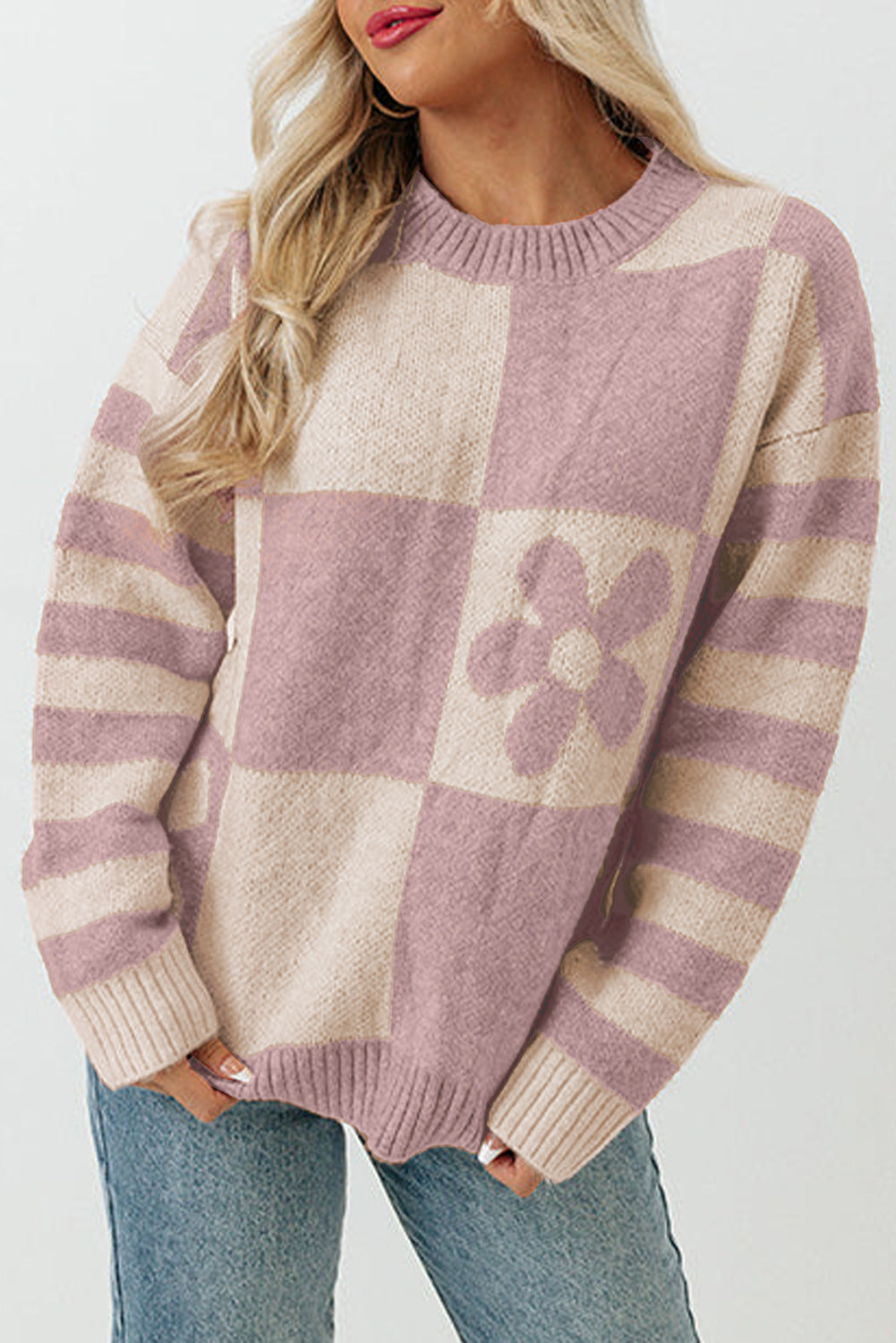Brown Checkered Striped Knitted Pullover Sweater