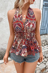 Printed Halter Neck Smocked Peplum Top