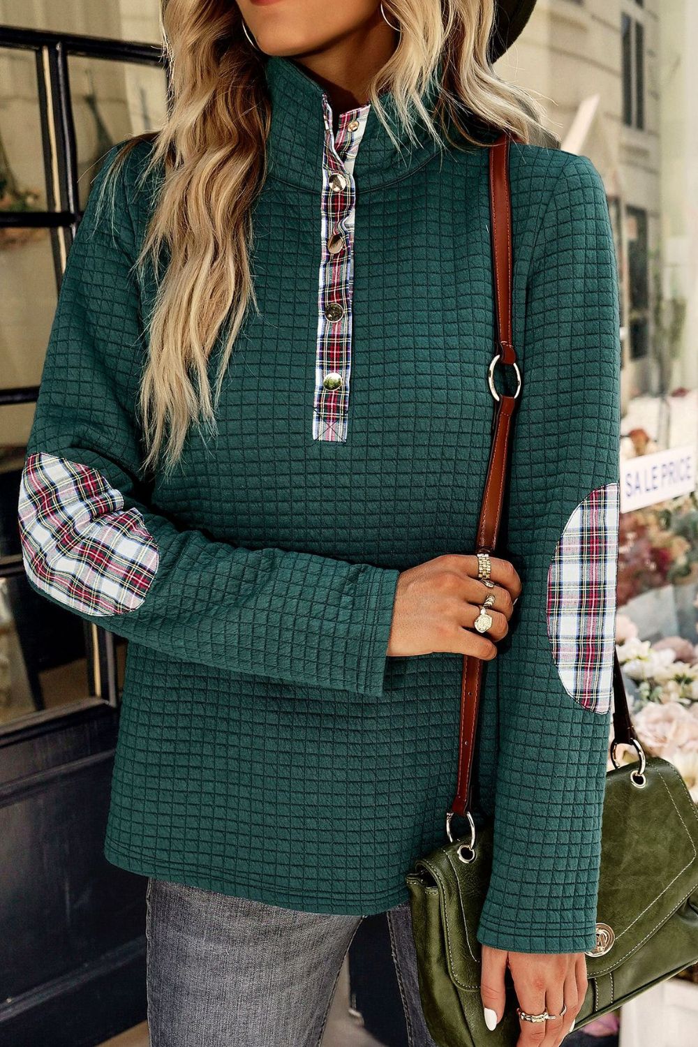 Sweatshirt mit kariertem Muster und Vierteldruckknopf