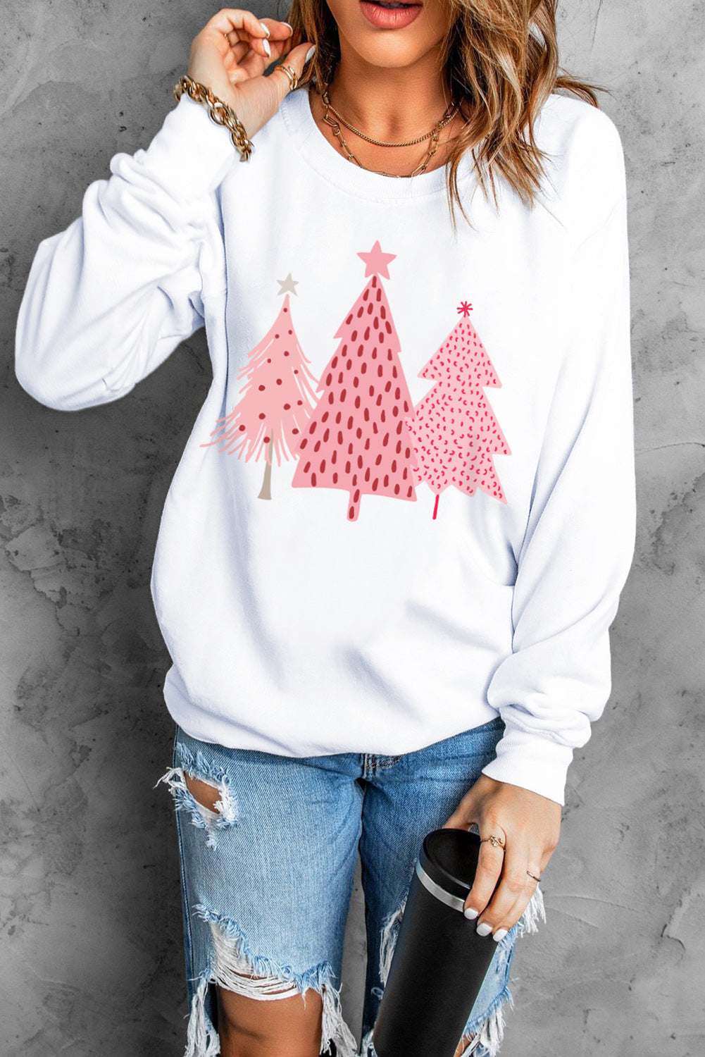 Weißes Pullover-Sweatshirt mit Weihnachtsbaum-Punkte-Print
