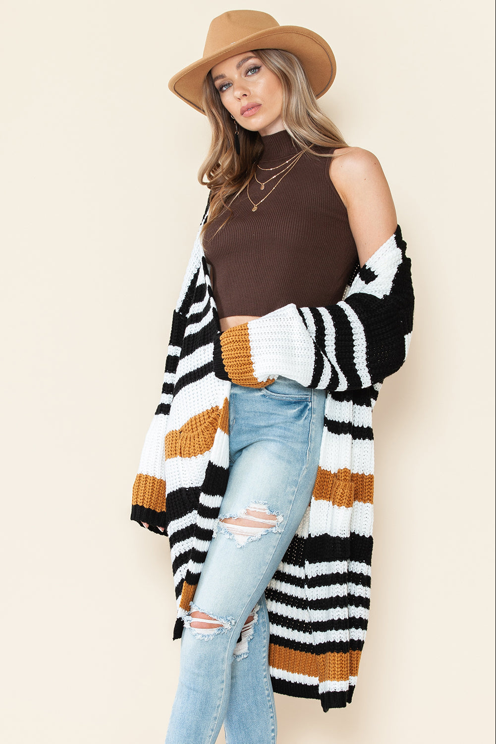 Striped Drop Shoulder Open Front Long Cardigan