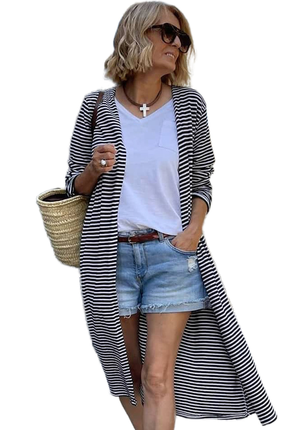 Black White Striped Print Open Front Long Cardigan