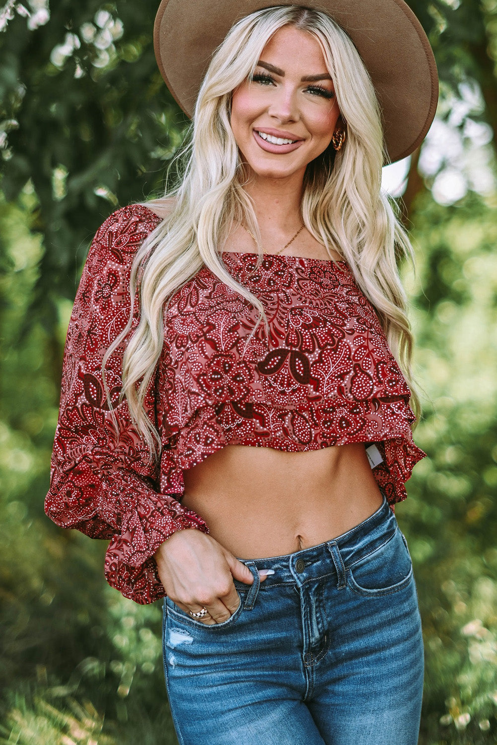 Printed Flounce Sleeve Cropped Blouse