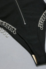 Contrast Rhinestone Detail Zip-Up Bodysuit