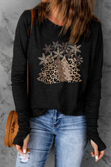Black Christmas Tree Leopard Print Graphic Thumbhole Sleeve Top
