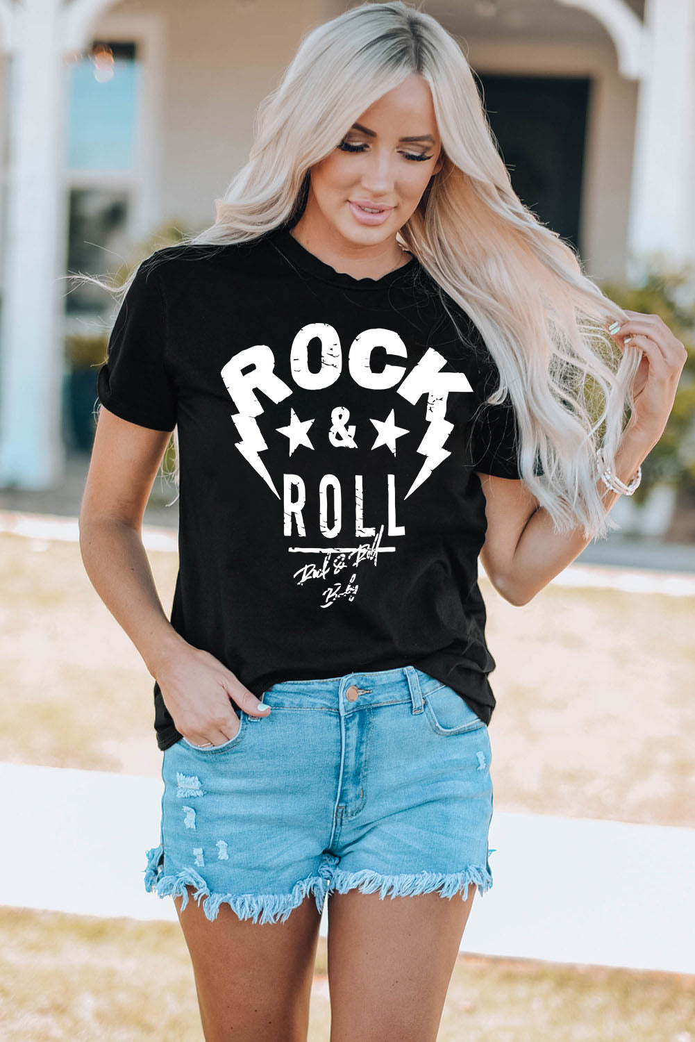ROCK &amp; ROLL Grafik Rundhals Kurzarm-T-Shirt
