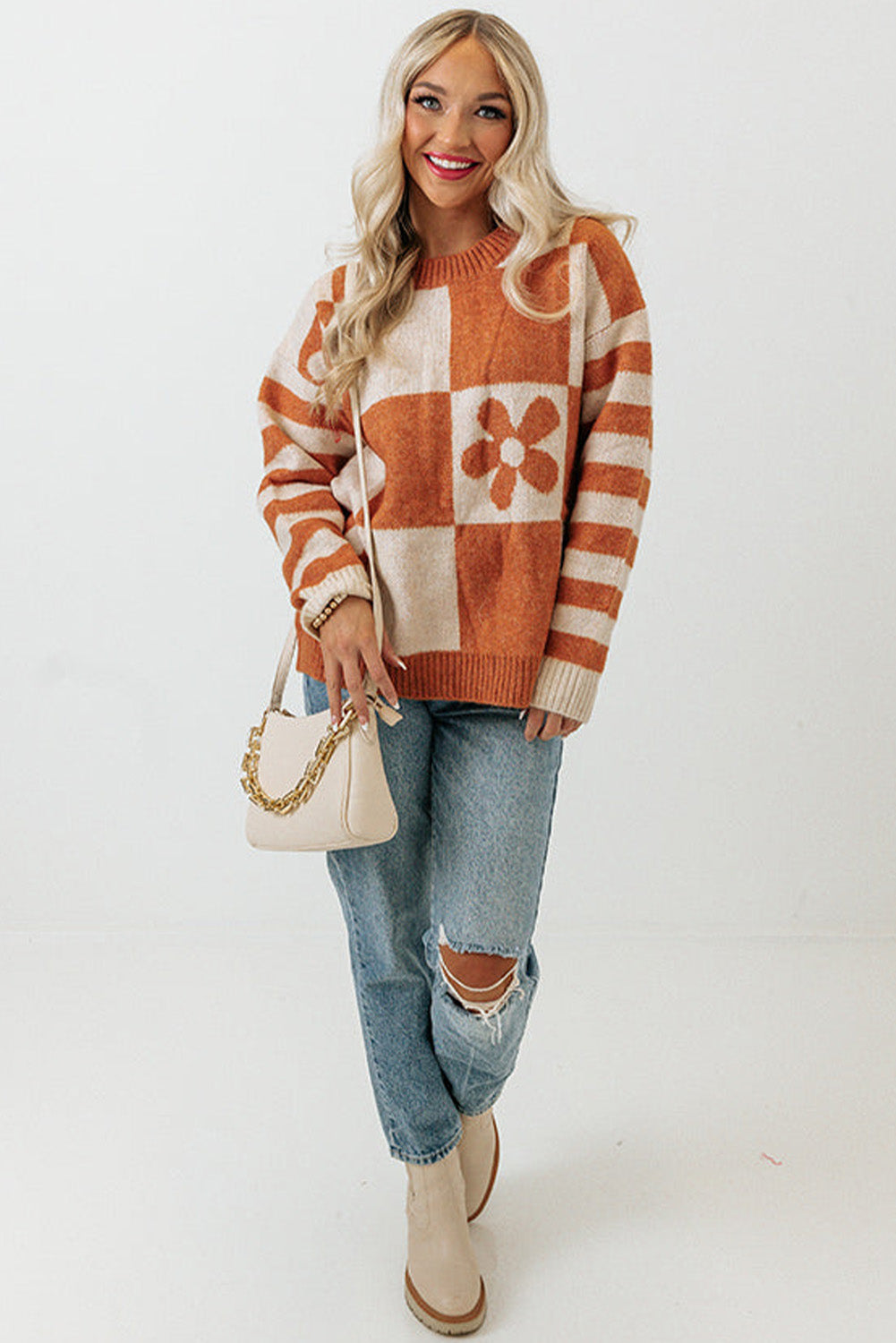 Brown Checkered Striped Knitted Pullover Sweater