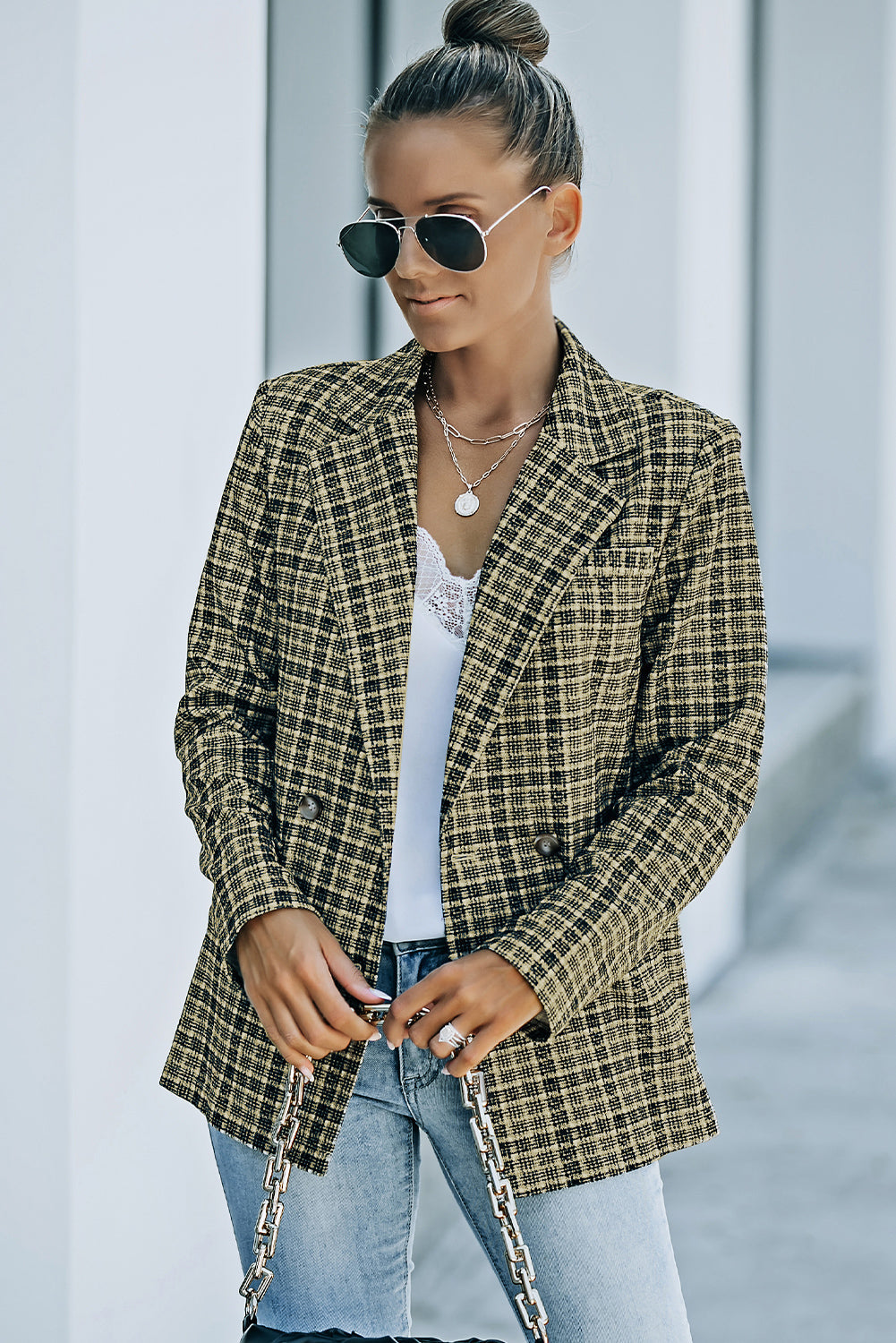 Karierter, zweireihiger Blazer mit langen Ärmeln