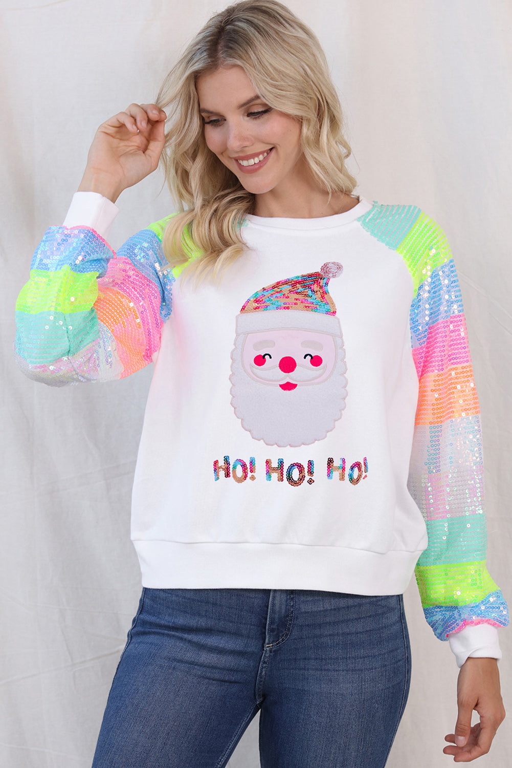 White Sequins Colorblock Sleeve Santa Claus Graphic Sweatshirt