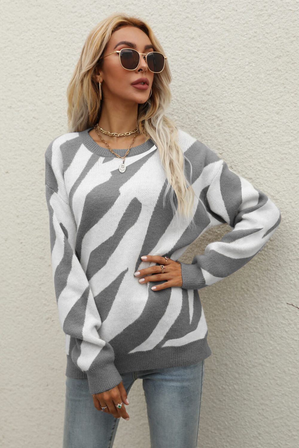 Animal Print Round Neck Dropped Shoulder Sweater