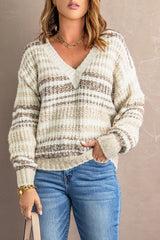 Striped Ribbed V-Neck Drop Shoulder Sweater