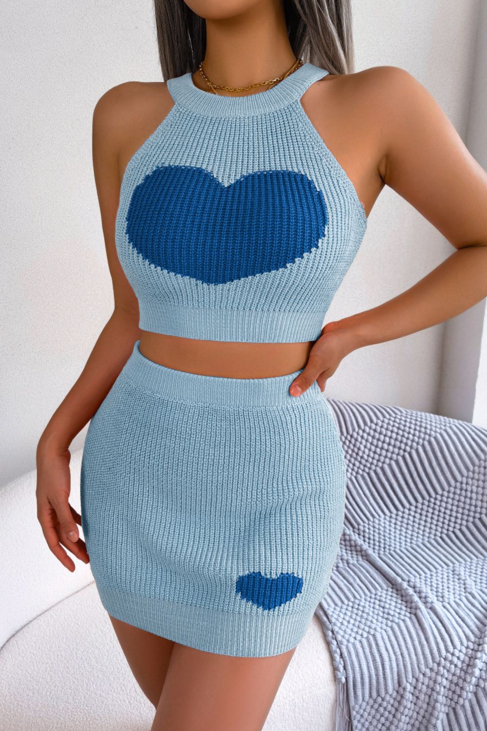 Heart Contrast Ribbed Sleeveless Knit Top Skirt Set