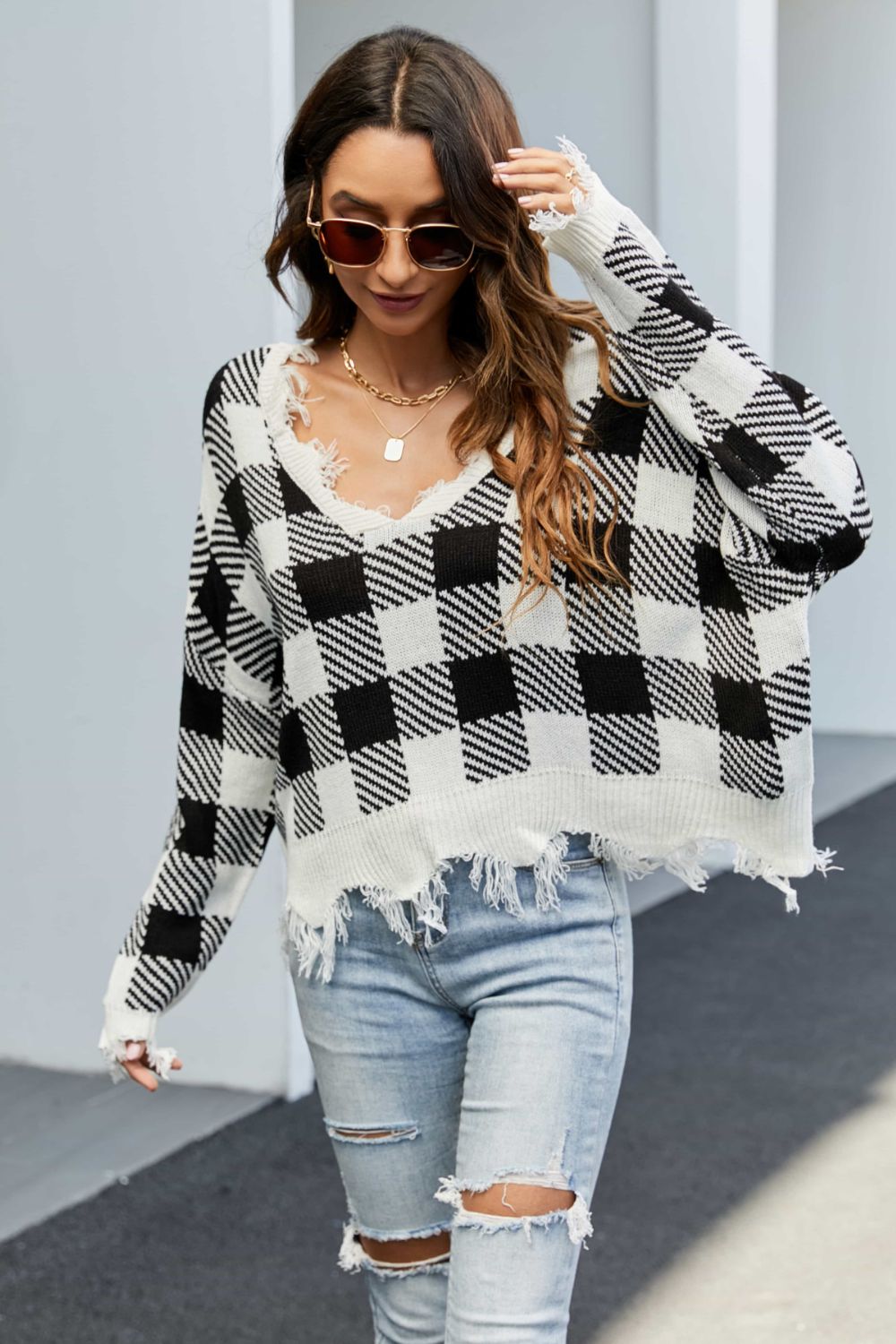 Plaid Frayed Trim V-Neck Sweater