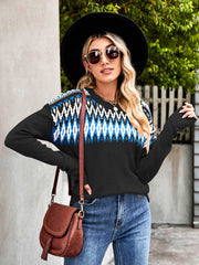 Geometric Ribbed Trim Round Neck Sweater