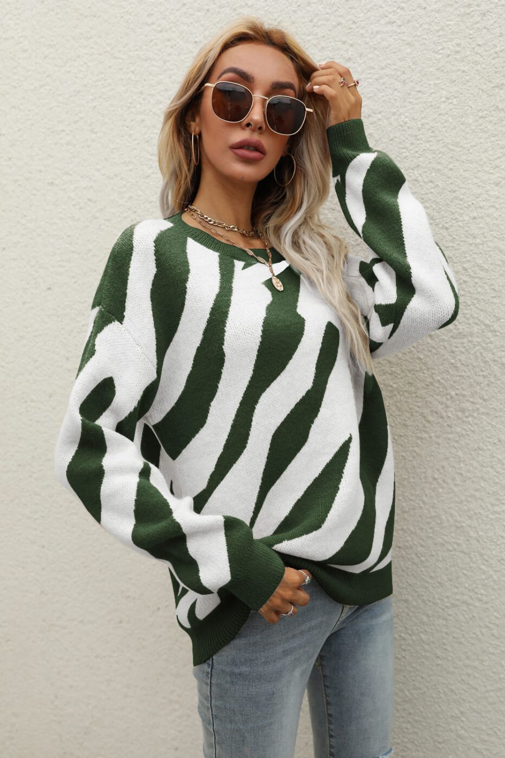 Animal Print Round Neck Dropped Shoulder Sweater