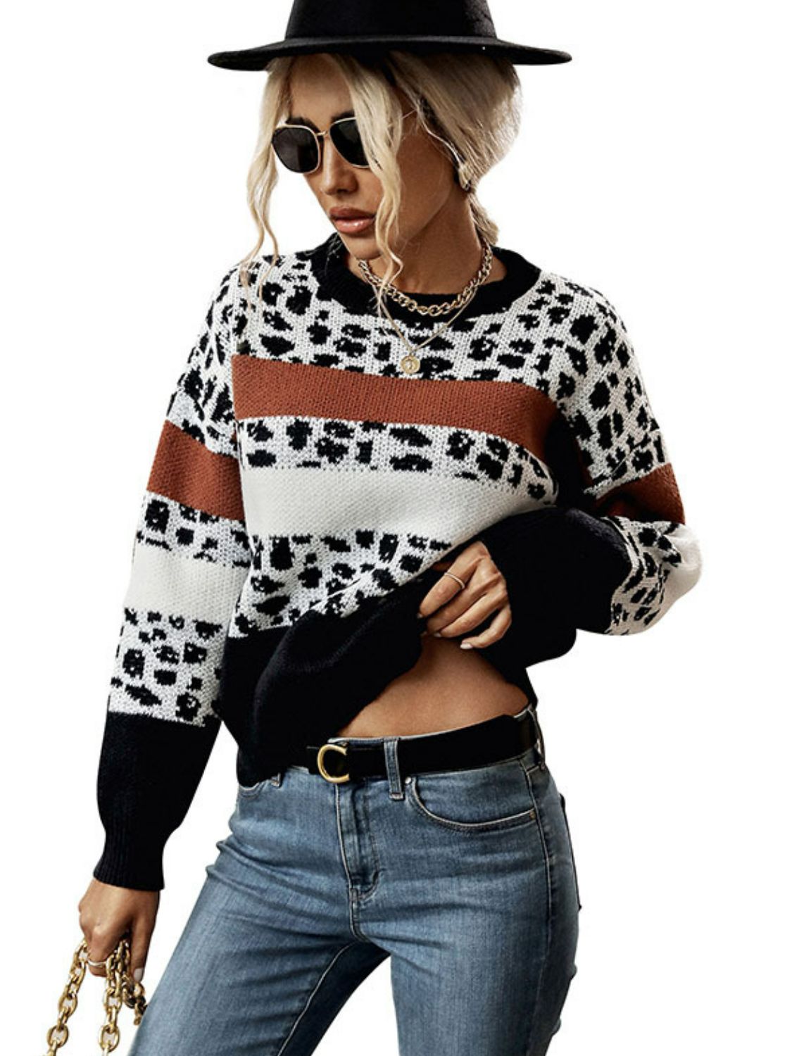 Printed Color Block Round Neck Sweater