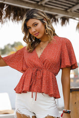 Printed Tie-Waist Flutter Sleeve Peplum Blouse