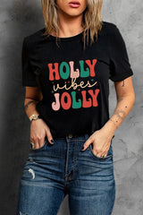 Black HOLLY JOLLY Vibes Christmas Crew Neck Graphic T Shirt