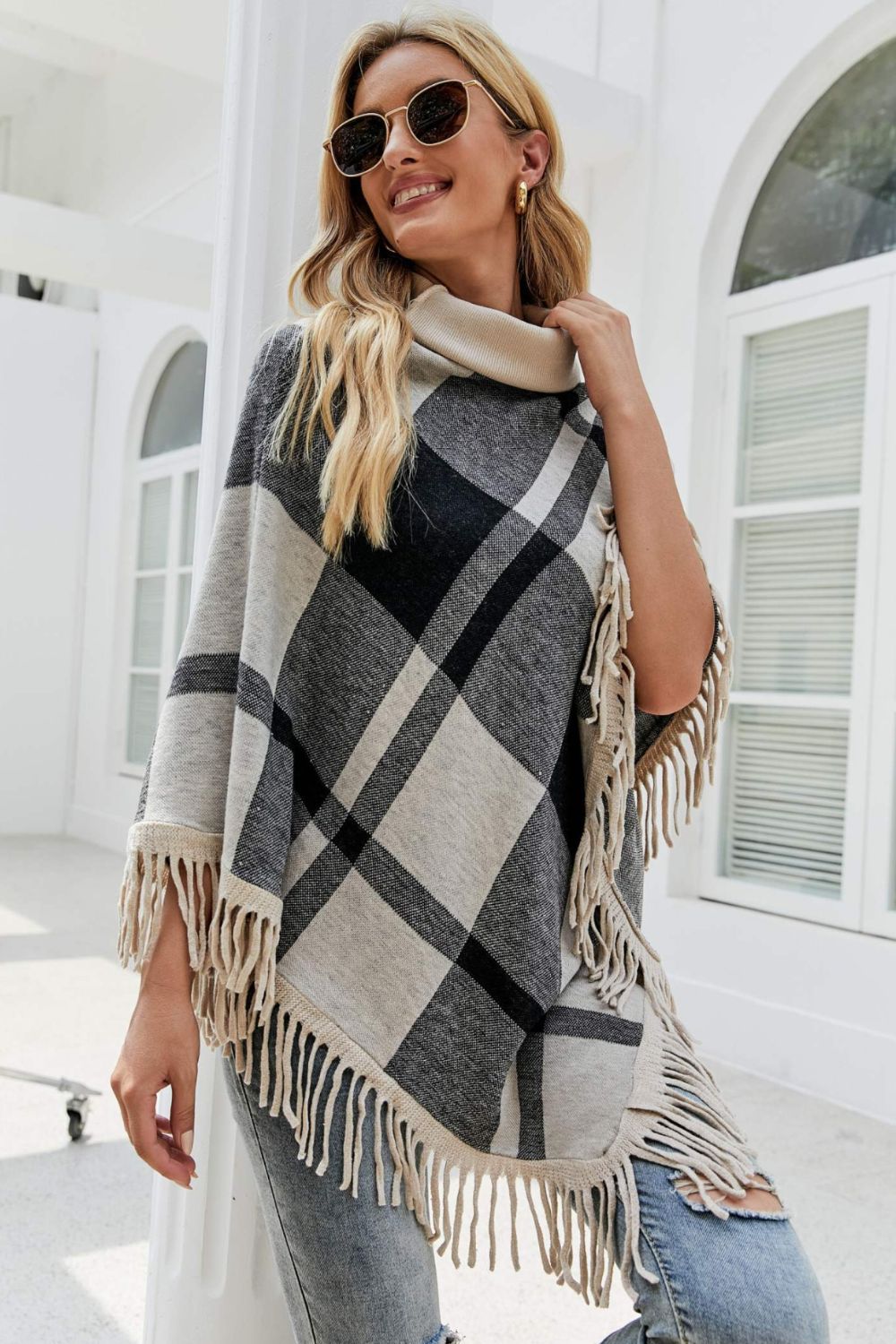Plaid Fringe Hem Turtleneck Poncho