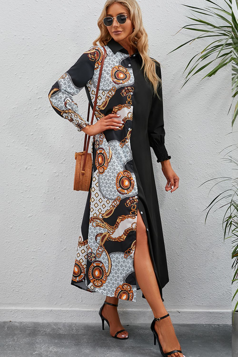 Robe imprimée à manches longues et col