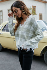 Plaid Frayed Trim V-Neck Sweater