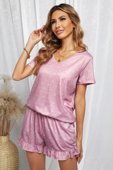 Polka Dot V-Neck Top Ruffled Shorts Lounge Set