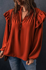 Ruffle Shoulder Buttoned Pleated Detail Blouse