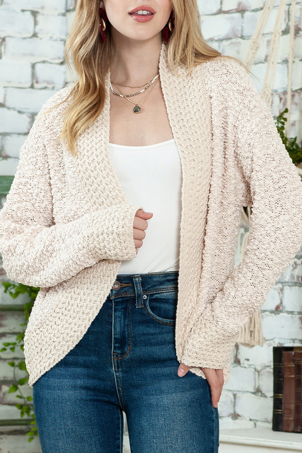 Apricot Popcorn Knit Open Front Cardigan