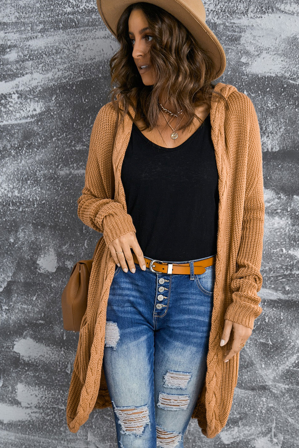 Cable-Knit Open Front Hooded Cardigan