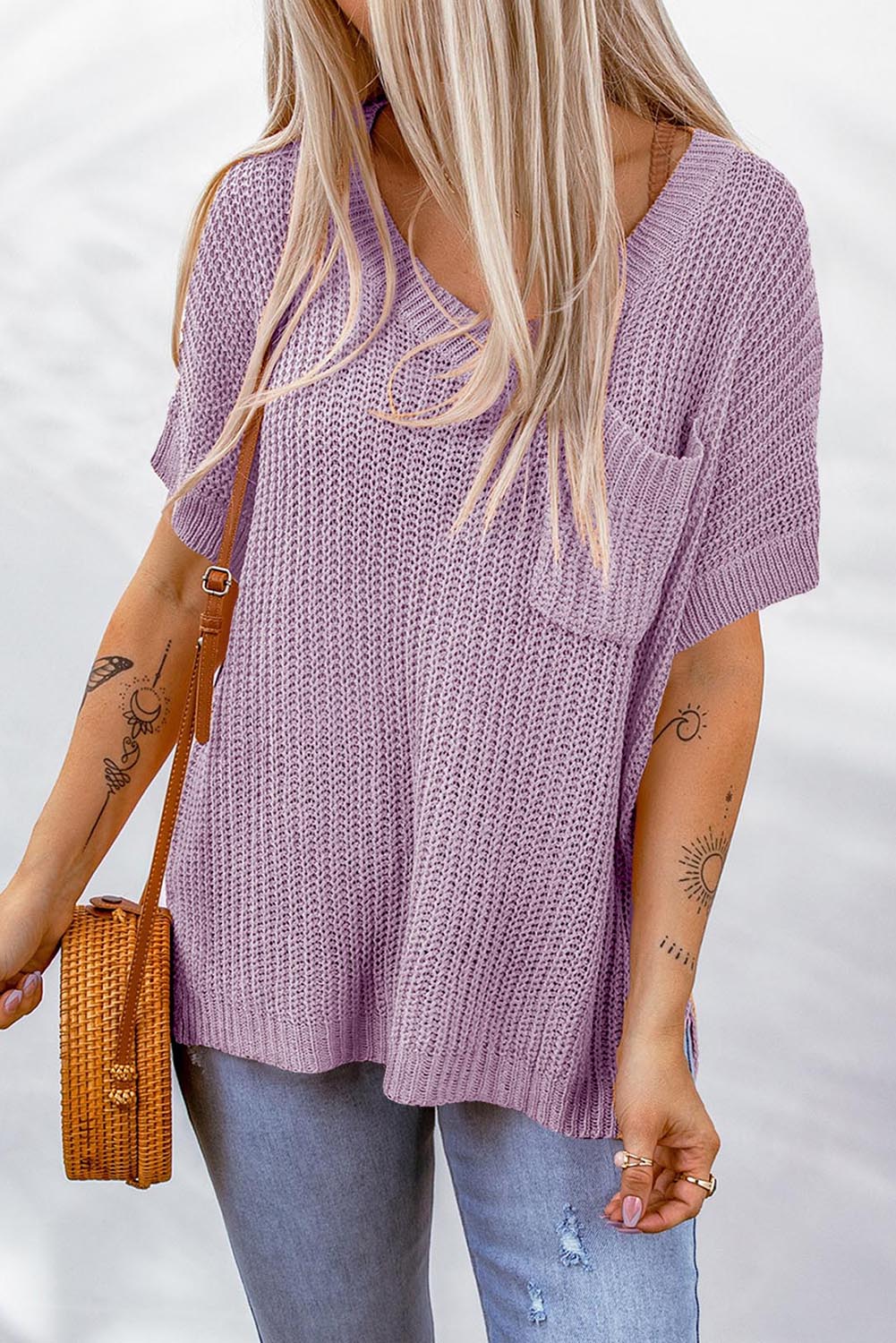 Side Slit V-Neck Short Sleeve Sweater