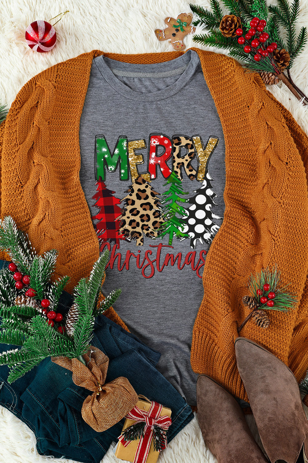 Graues T-Shirt mit Rundhalsausschnitt und Weihnachtsbaum-Print