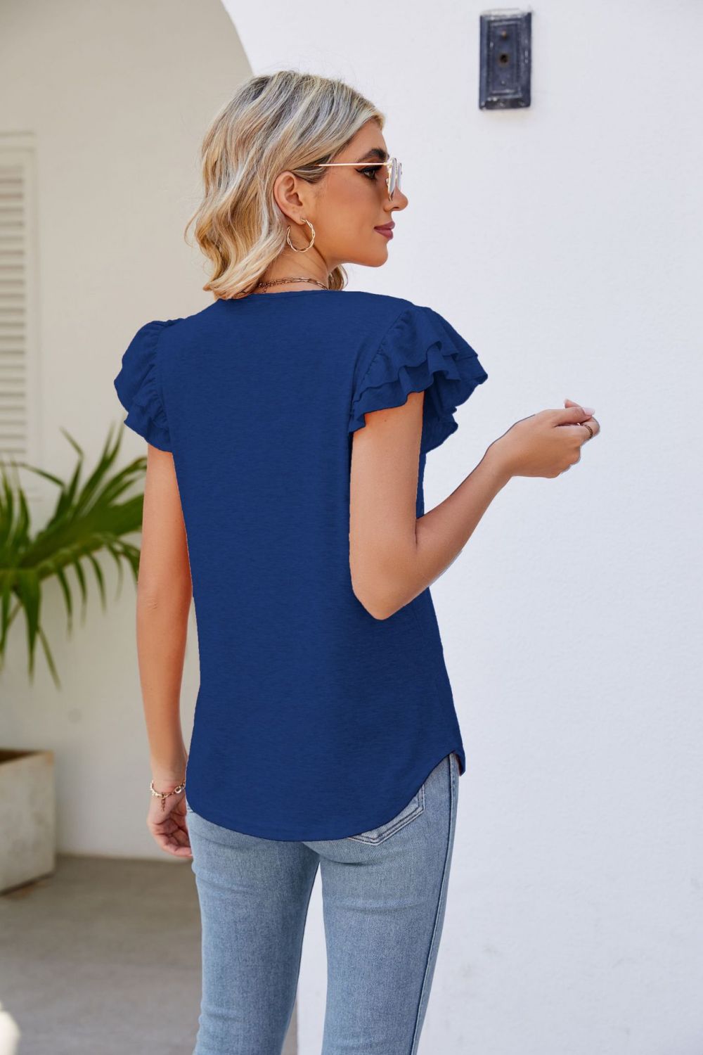 Smocked Flutter Sleeve V-Neck Top