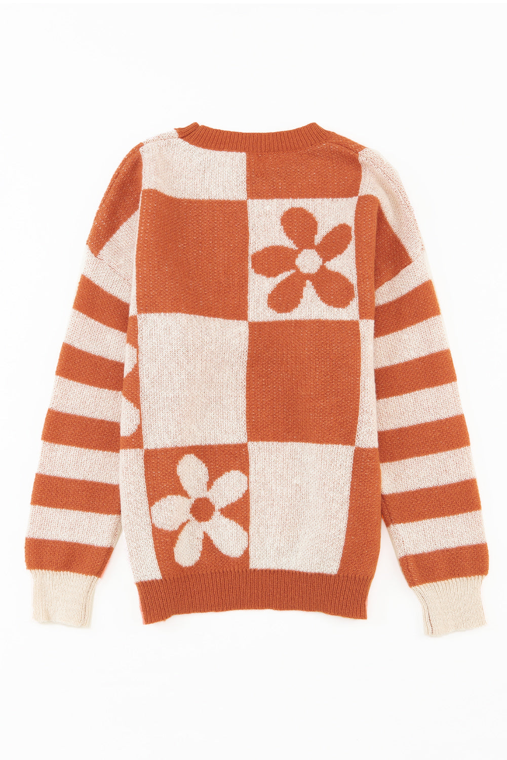 Brown Checkered Striped Knitted Pullover Sweater