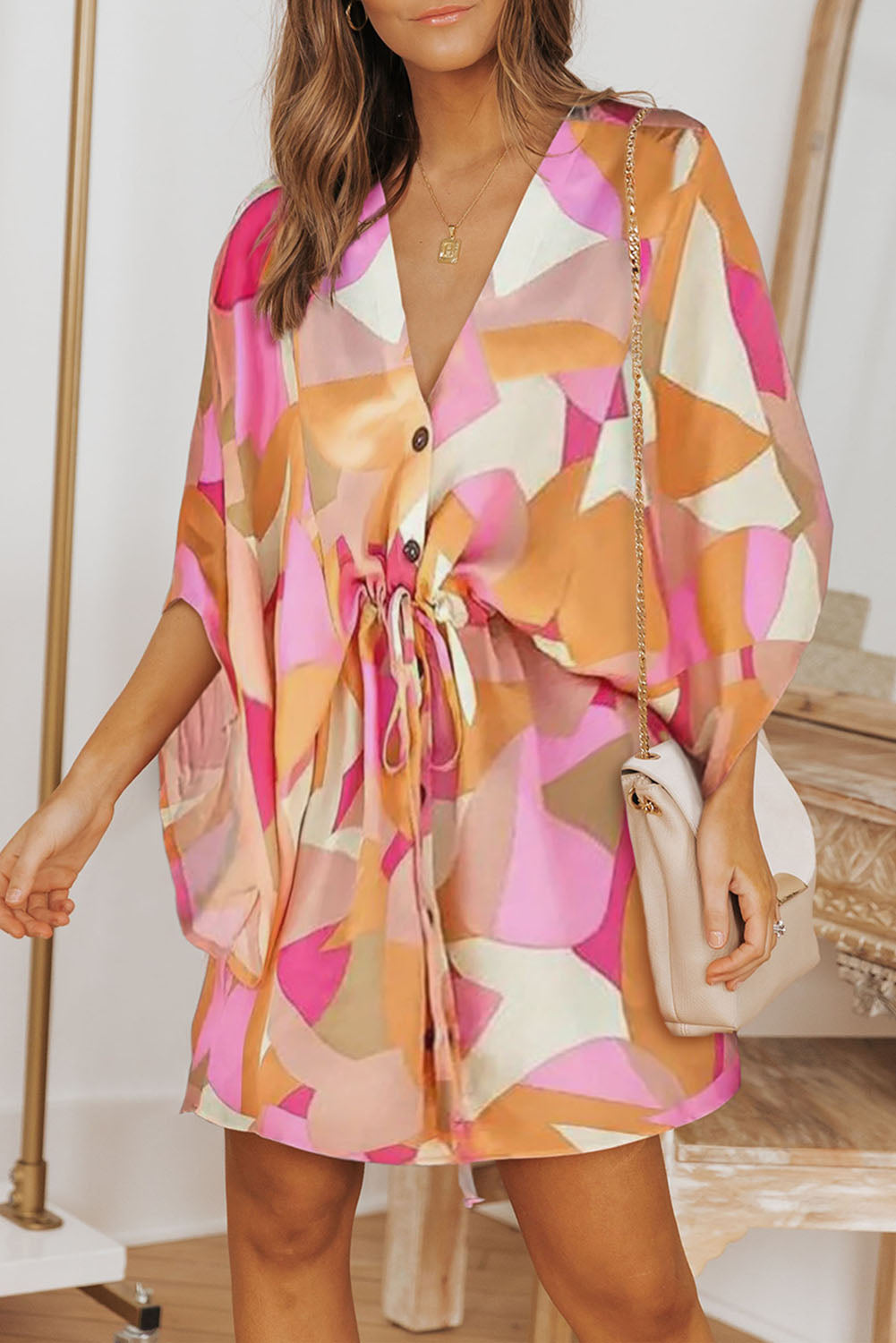 Robe imprimée à col en V et cordon de serrage à la taille