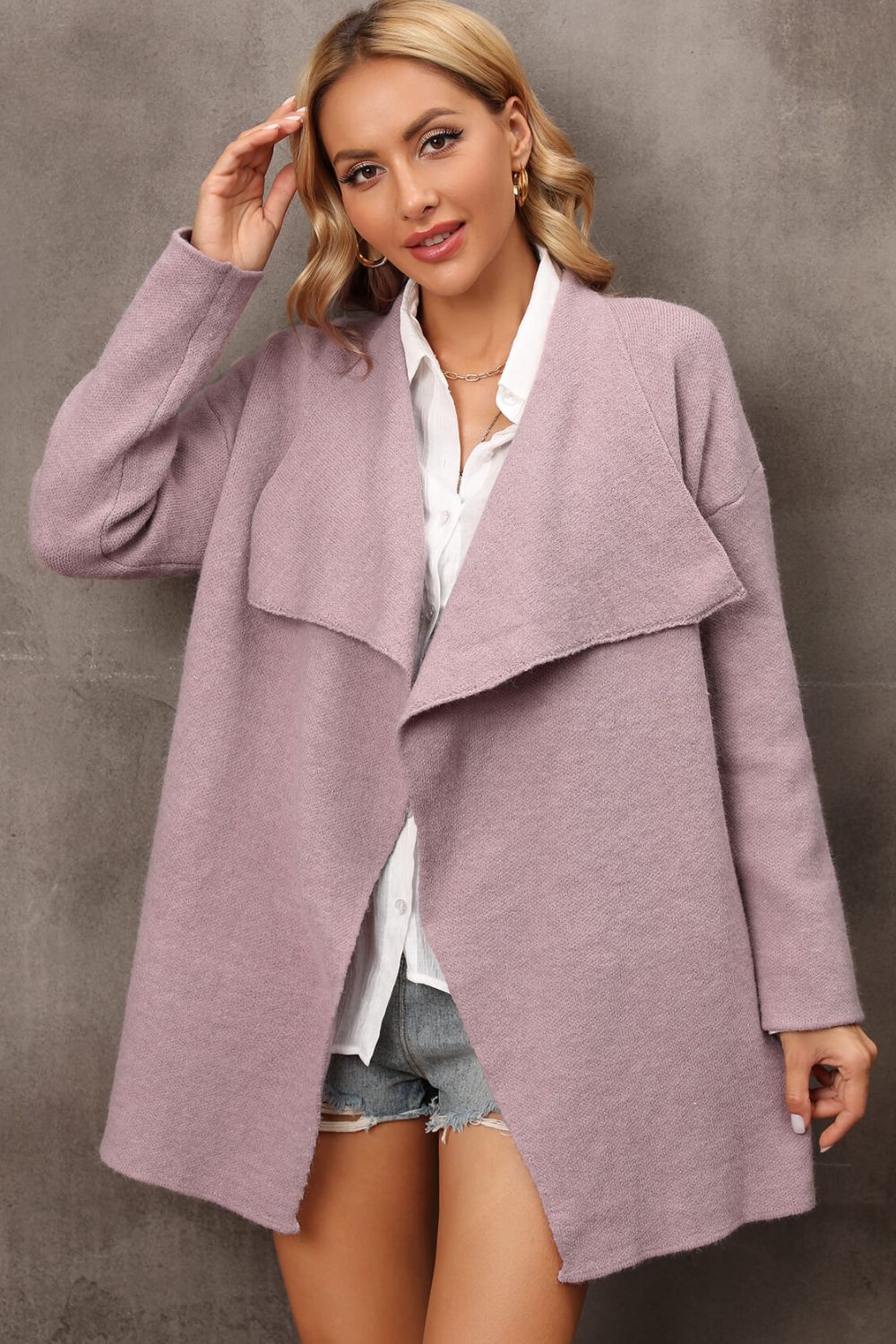 Langer Cardigan mit Wasserfallkragen und Seitentaschen