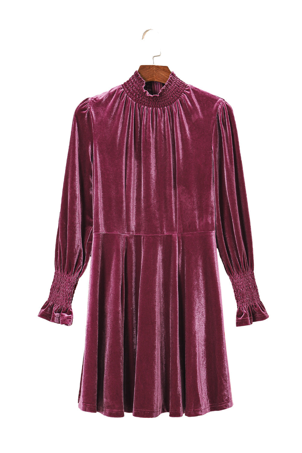 Robe en velours bordeaux à col montant et manches volantées