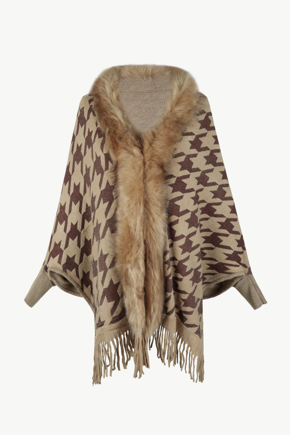 Houndstooth Faux Fur Trim Fringe Hem Poncho