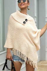 Decorative Button Fringe Hem Poncho