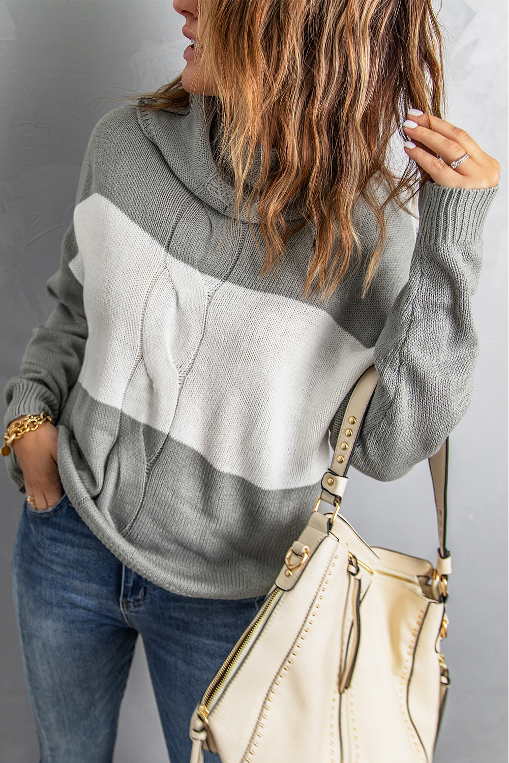 Color Block Cable-Knit Turtleneck Dropped Shoulder Sweater