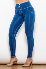 Jean long skinny taille haute boutonné