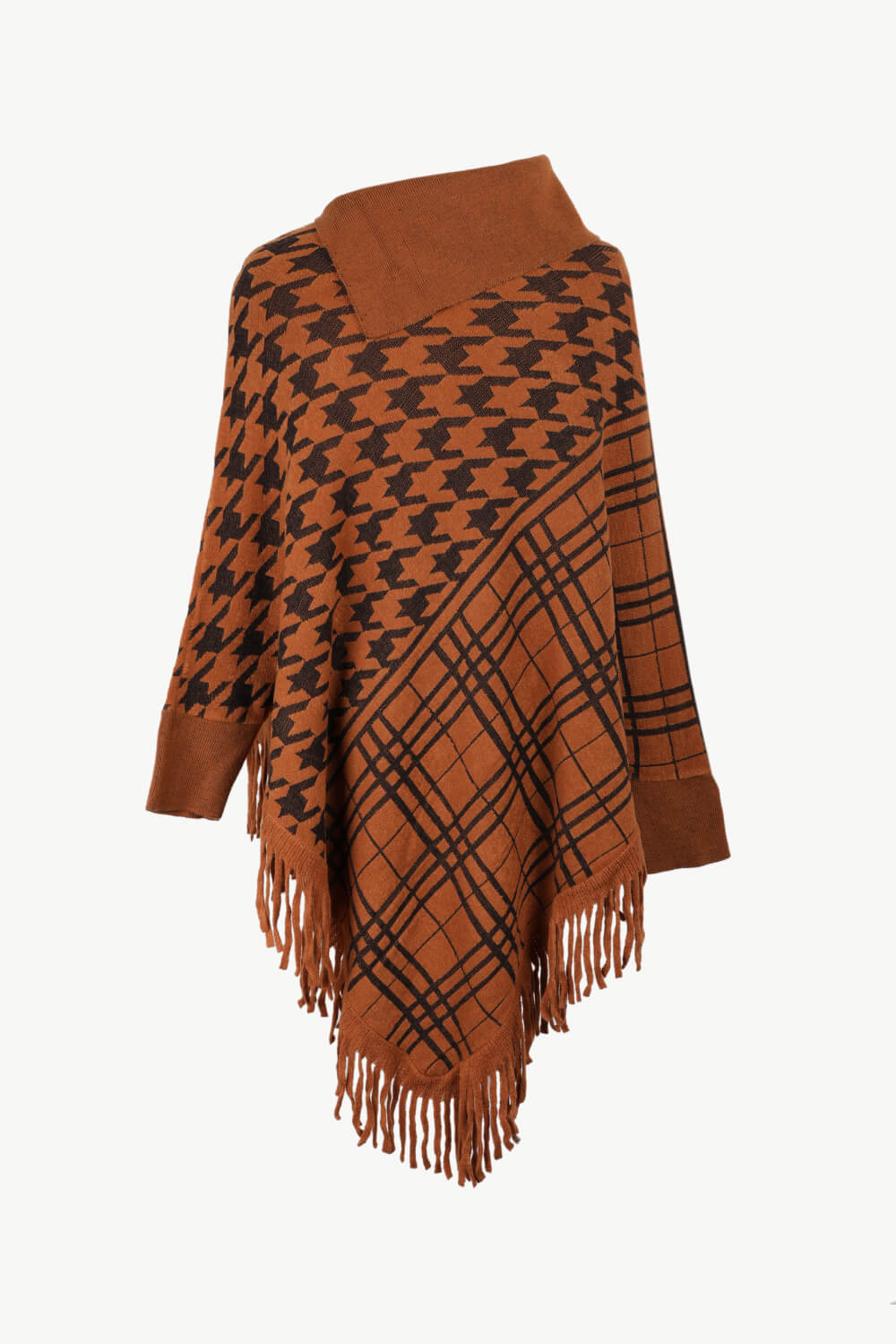 Houndstooth Fringe Hem Poncho