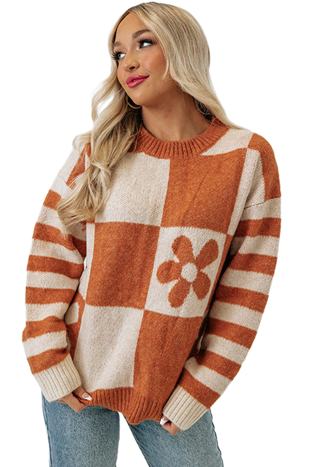 Brown Checkered Striped Knitted Pullover Sweater