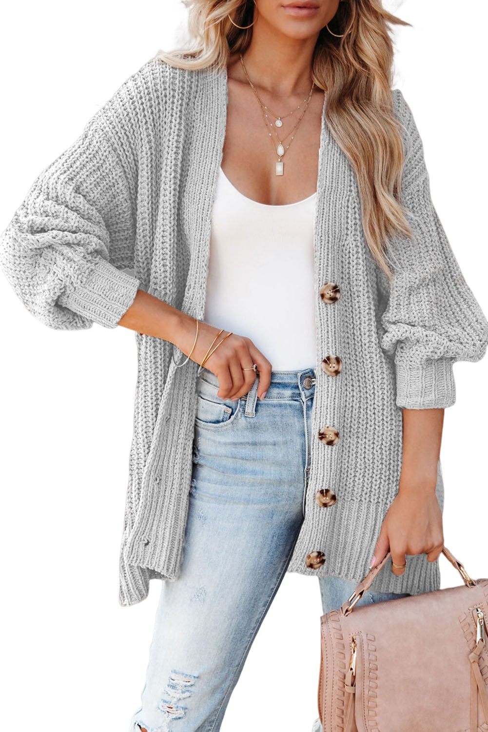 Khakifarbene, einfarbige, lässige Strickjacke mit Knöpfen
