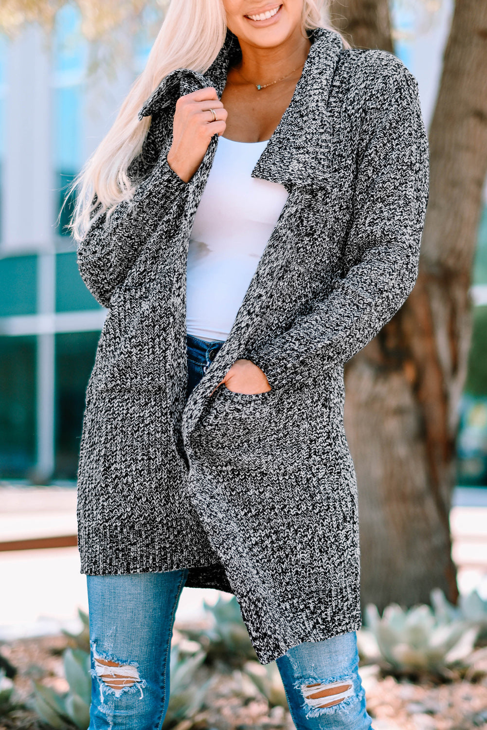 Melierter Longline-Cardigan mit offener Vorderseite und Taschen