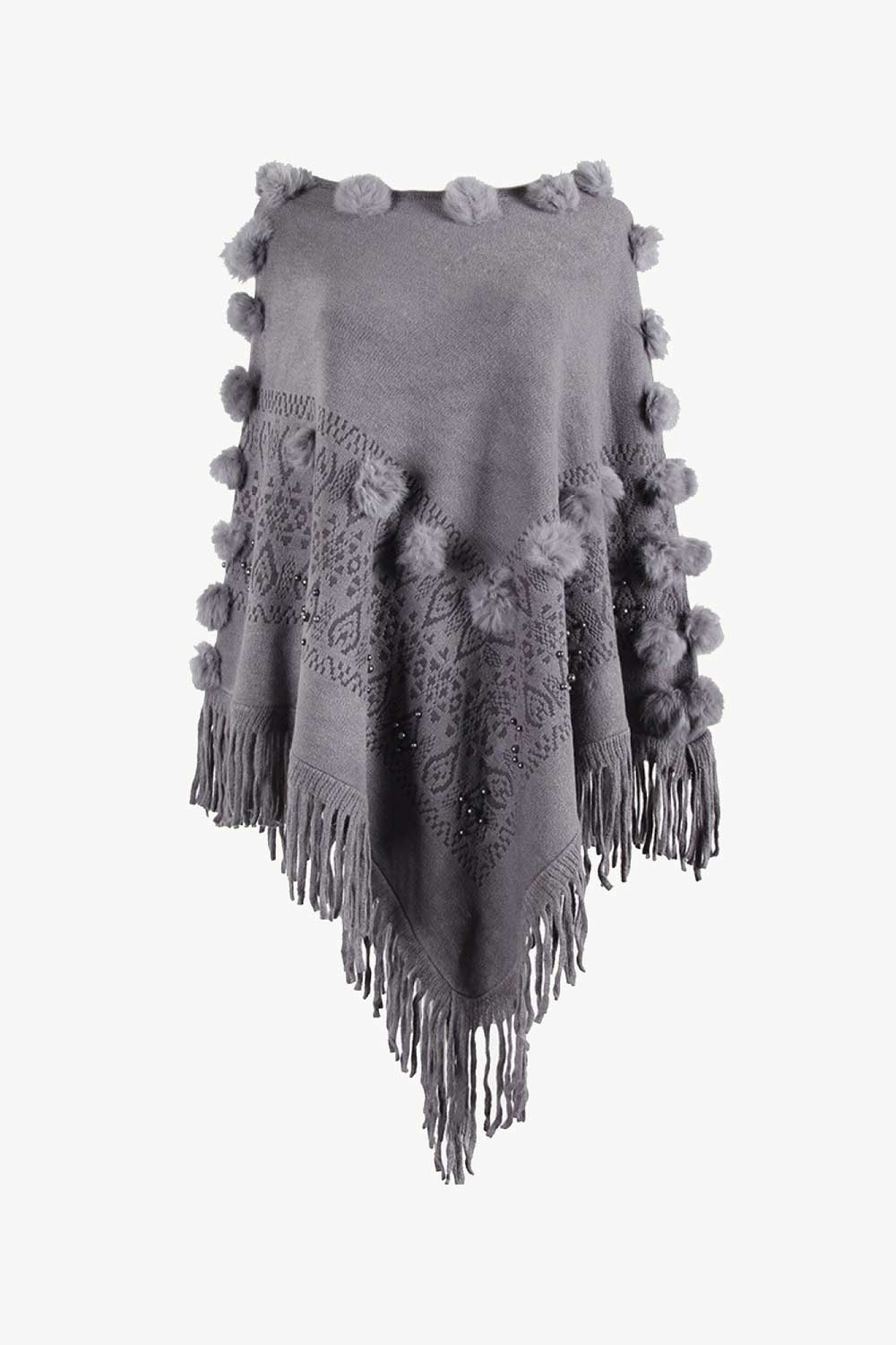 Bead Trim Boat Neck Fringed Poncho