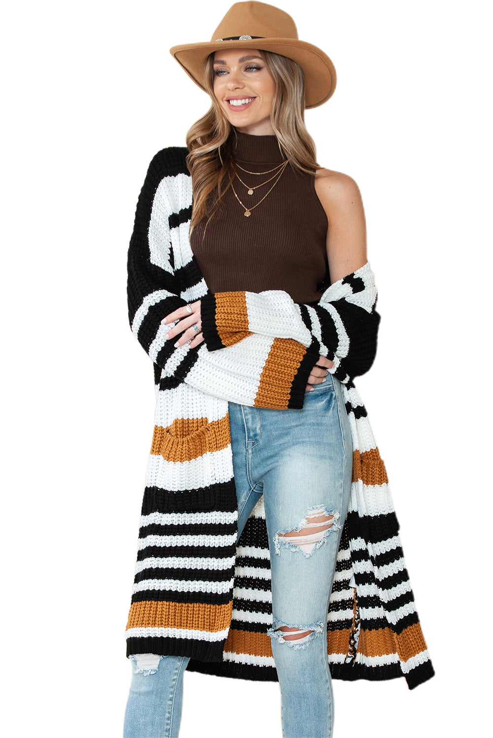 Striped Drop Shoulder Open Front Long Cardigan