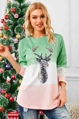 Reindeer Graphic Color Block Long Sleeve T-Shirt