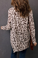 Khaki Leopard Print Casual Open Front Cardigan