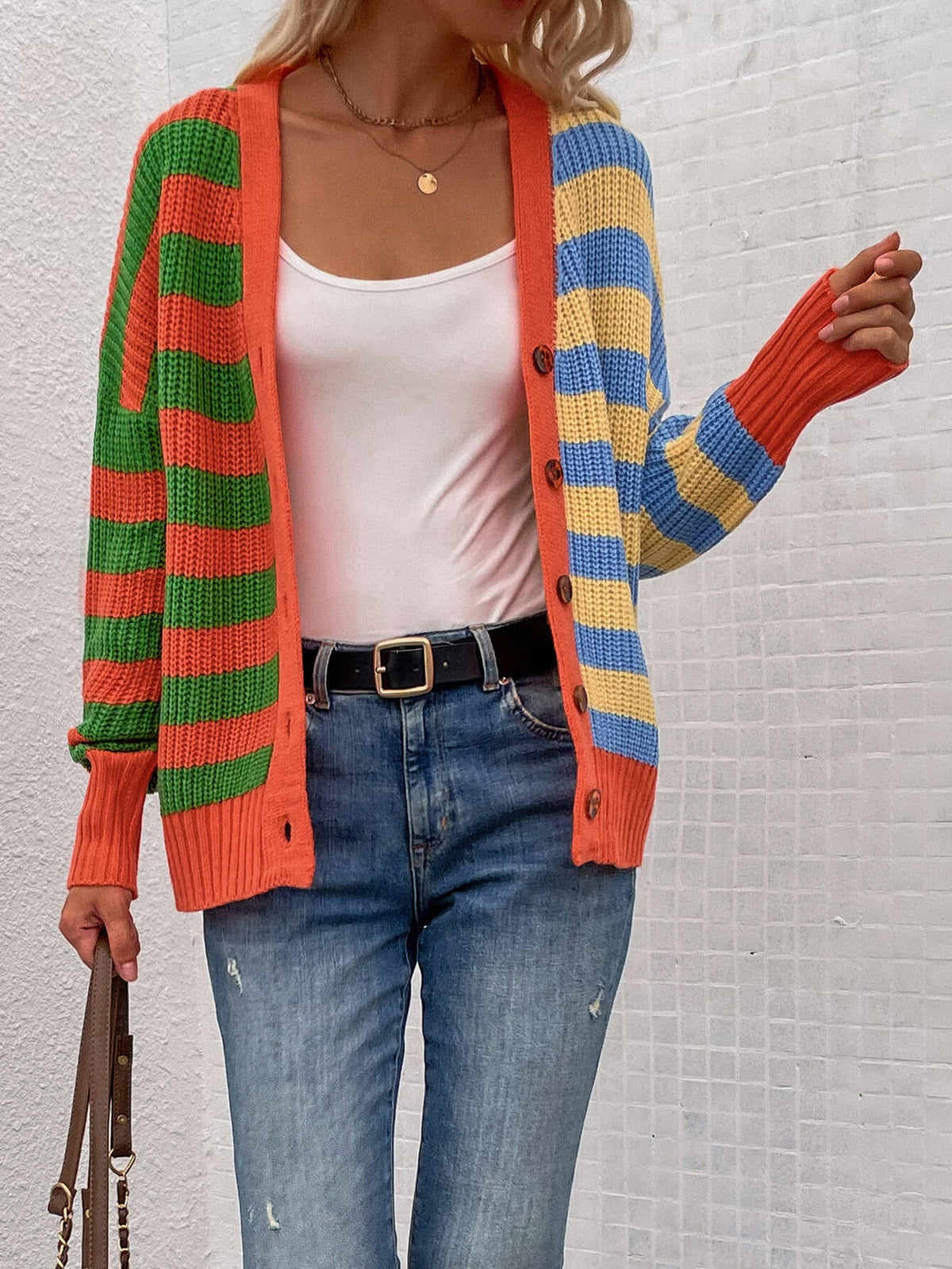 Striped Color Block Button Down Cardigan